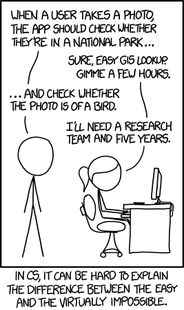 xkcd comic: a programmer says checking whether a photo is in a national park is an easy GIS lookup, but checking whether the photo contains a bird will take a research team and five years